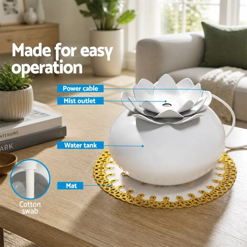 Aroma Diffuser White 200ml Lotus Ceramic Ultrasonic Humidifier with Aromatherapy and Air Purification
