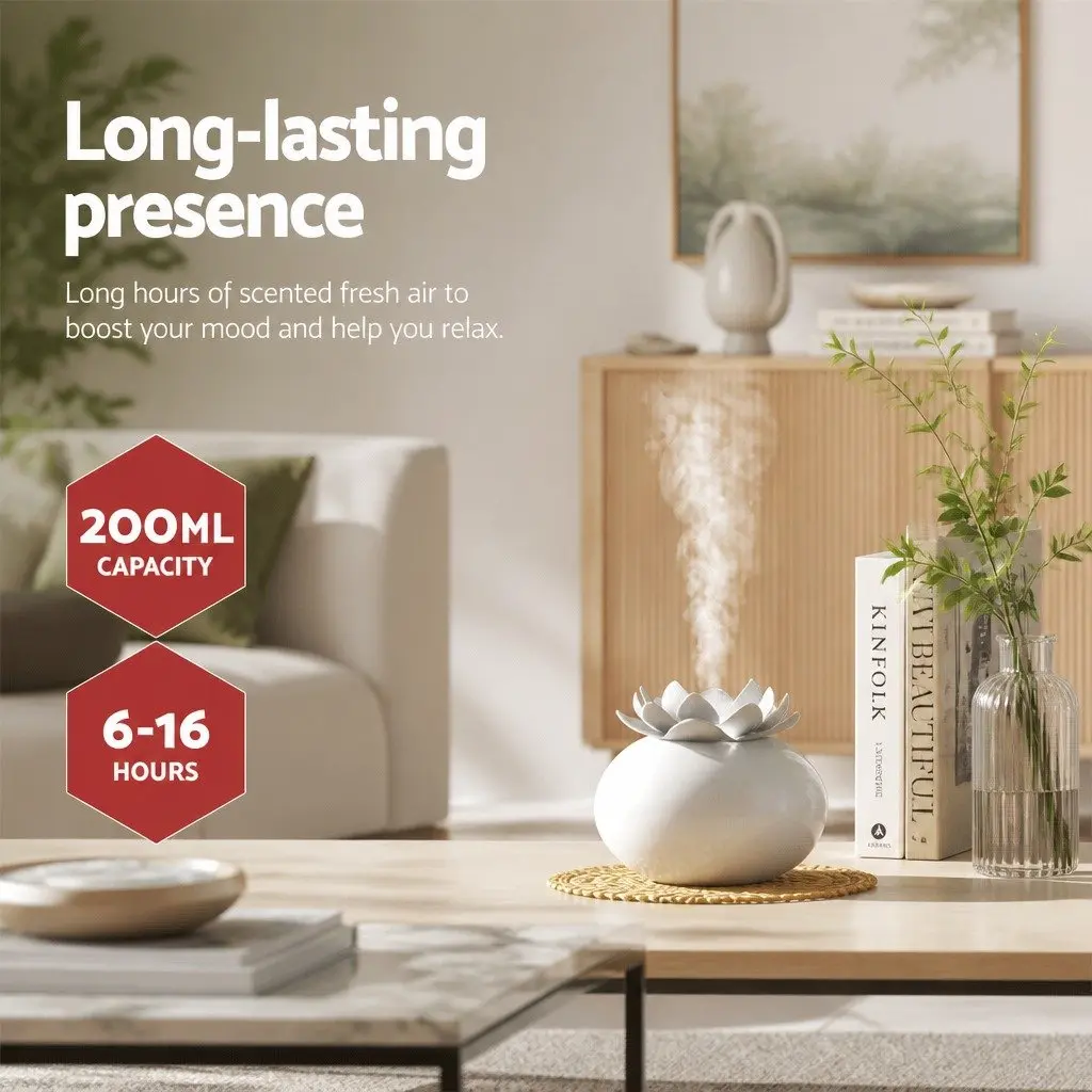 Aroma Diffuser White 200ml Lotus Ceramic Ultrasonic Humidifier with Aromatherapy and Air Purification