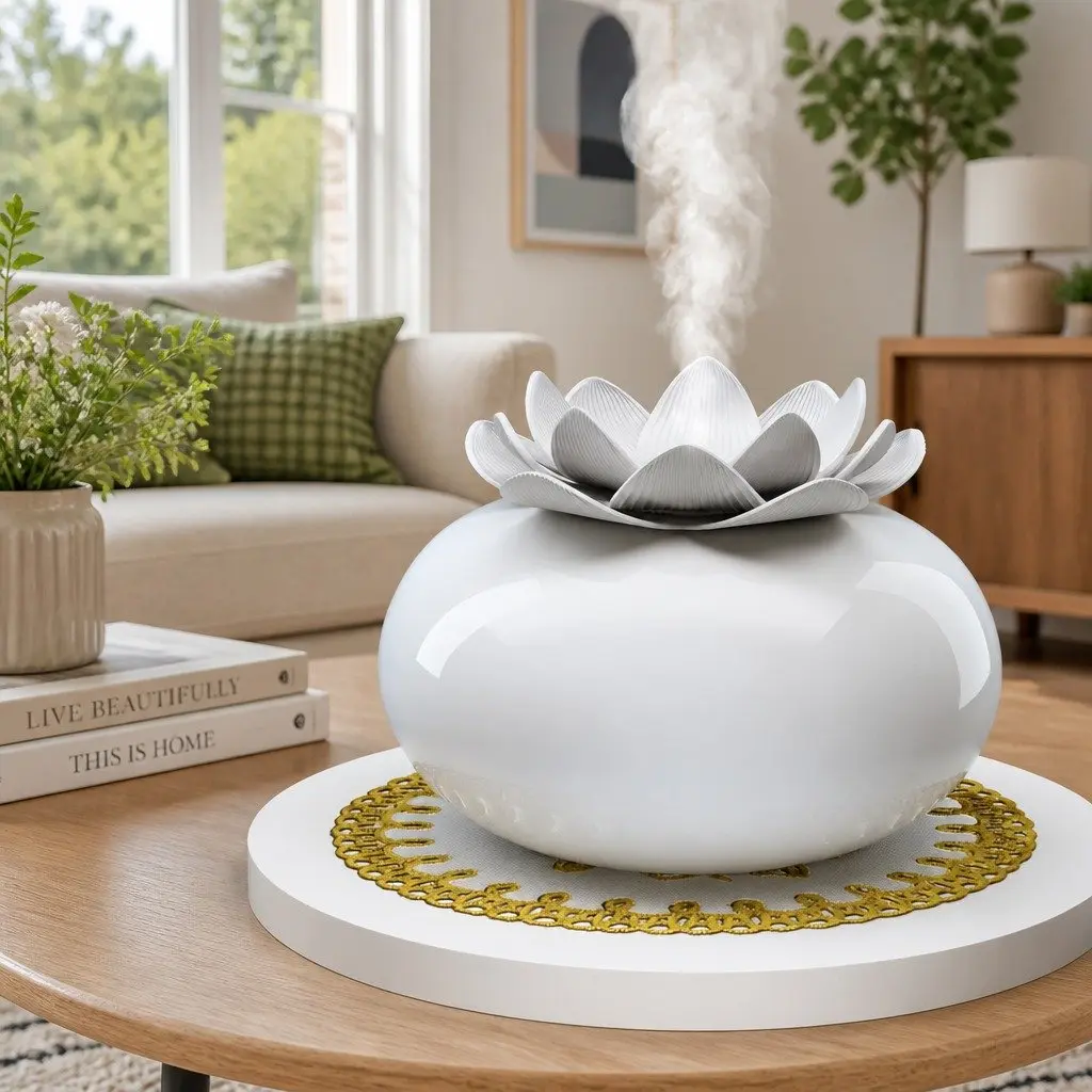 Aroma Diffuser White 200ml Lotus Ceramic Ultrasonic Humidifier with Aromatherapy and Air Purification