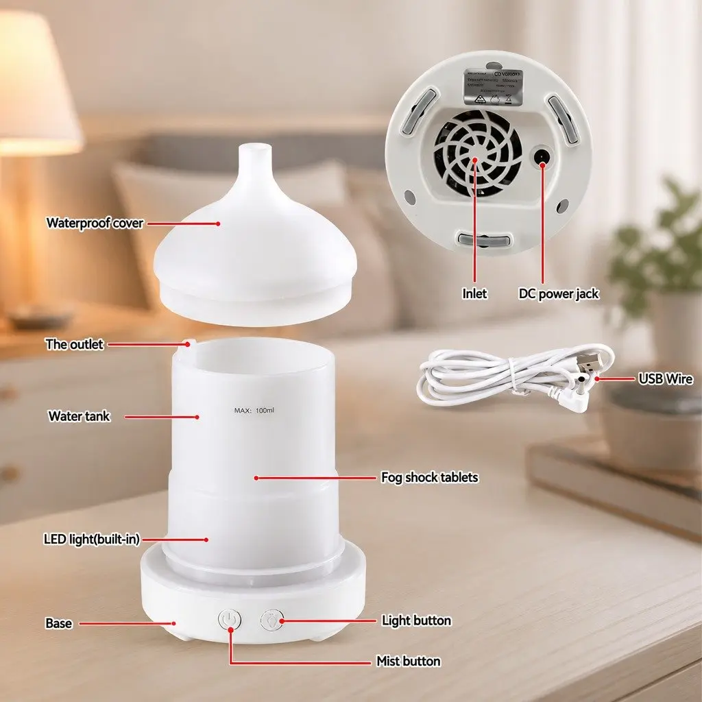 Ultrasonic Aroma Diffuser White 100ml 4-in-1 Aromatherapy Humidifier Night Light
