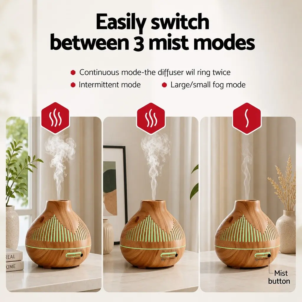 Aroma Diffuser Light Wood Grain 400ml Ultrasonic with 7 LED Colours and 3 Mist Modes