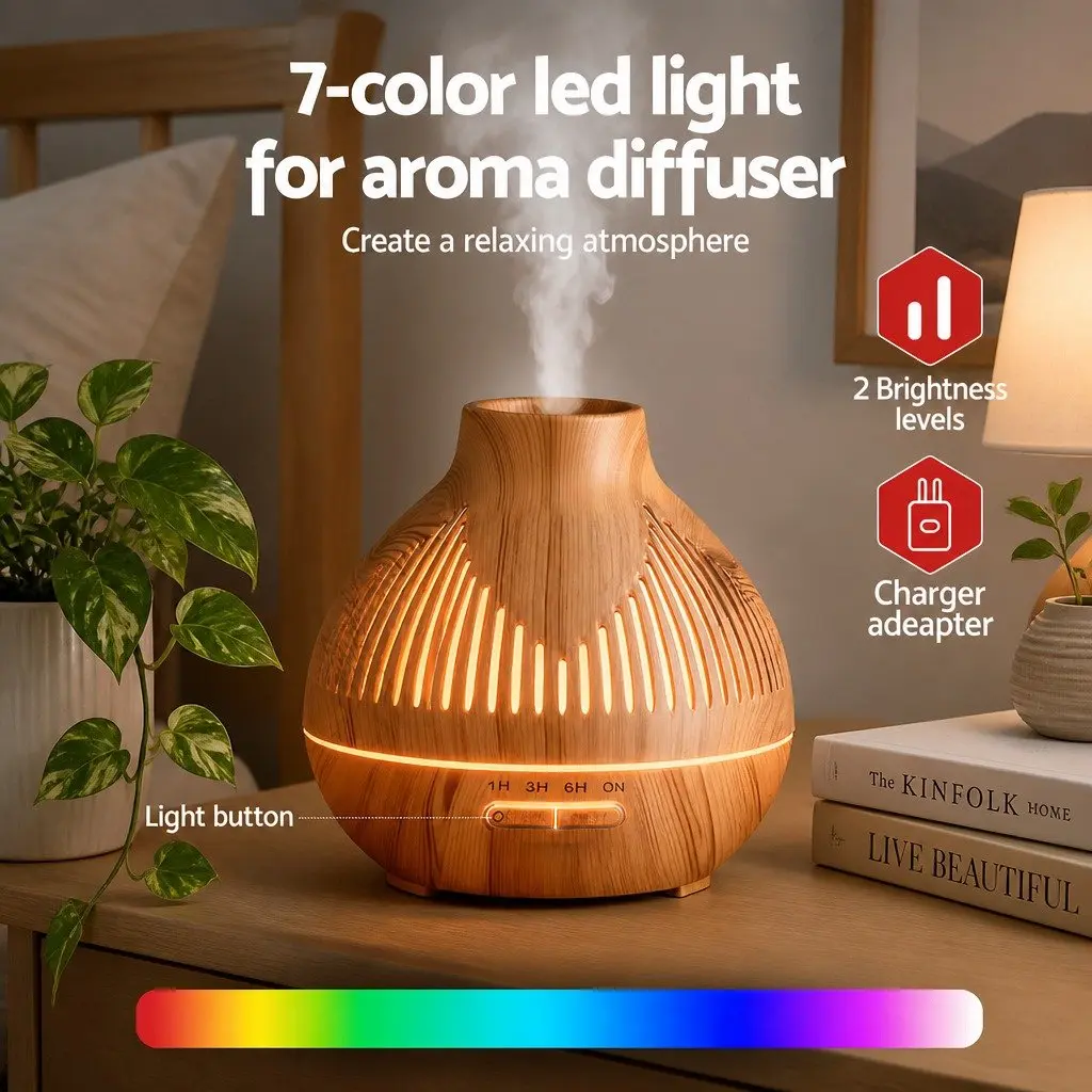 Aroma Diffuser Light Wood Grain 400ml Ultrasonic with 7 LED Colours and 3 Mist Modes