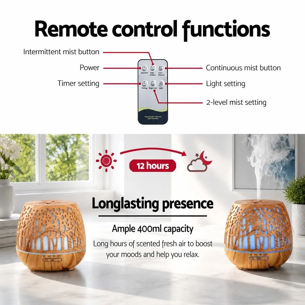 Aroma Diffuser Light Wood 400ml Ultrasonic Humidifier with 7 Colour LED Night Light and Remote Control