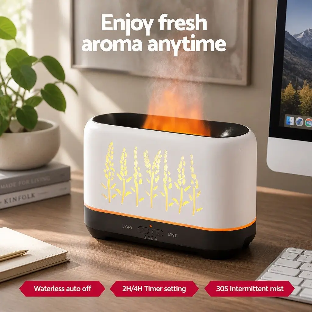 Aroma Diffuser White 200ml Ultrasonic Mist with Simulated Flame Effect