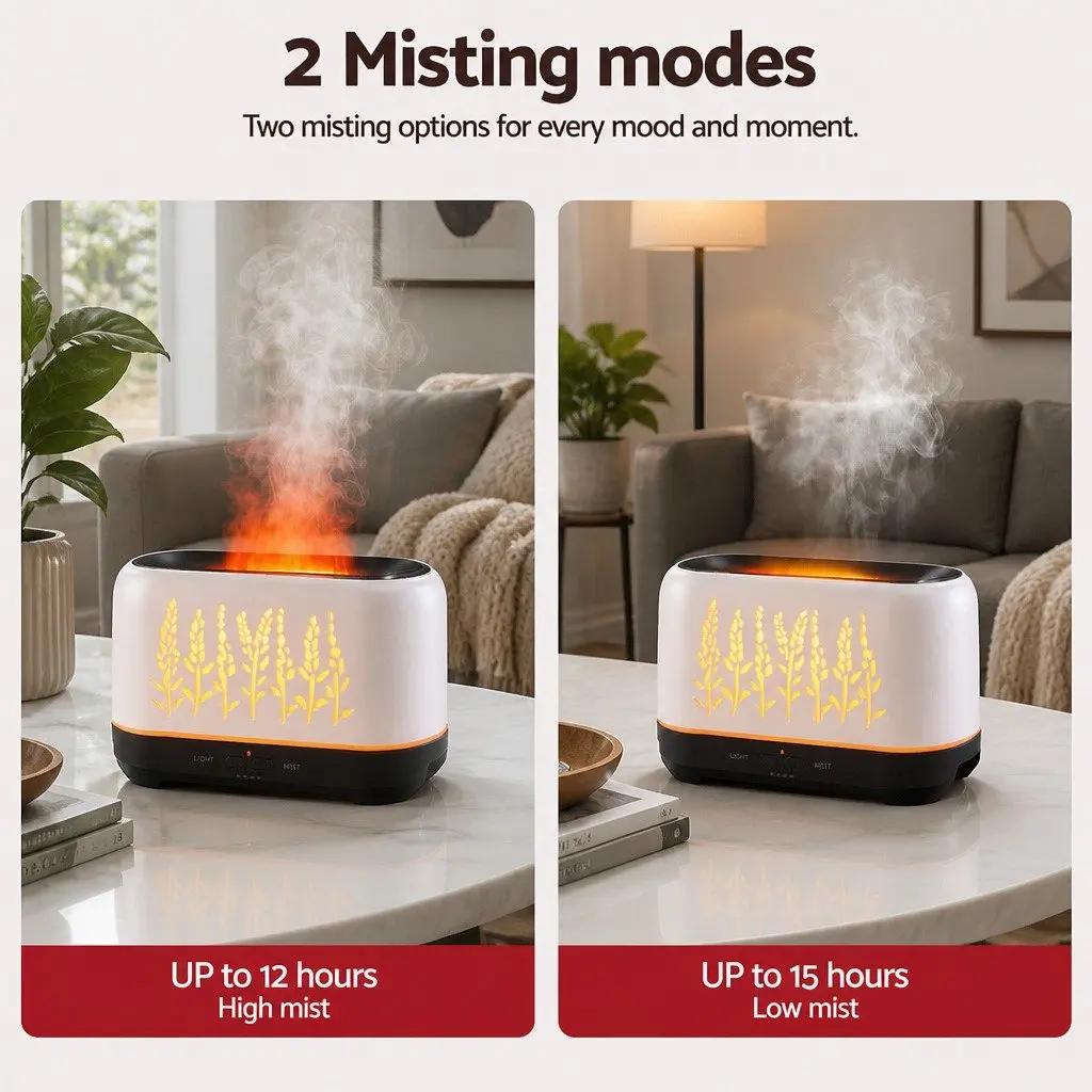Aroma Diffuser White 200ml Ultrasonic Mist with Simulated Flame Effect