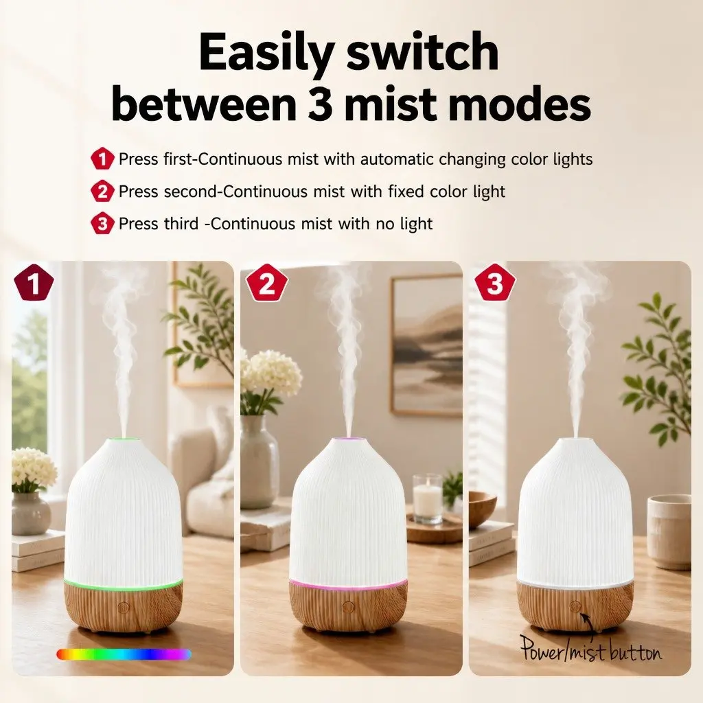 Aroma Diffuser Light Wood Grain 100ml Ultrasonic Technology 7 Colour LED Night Light