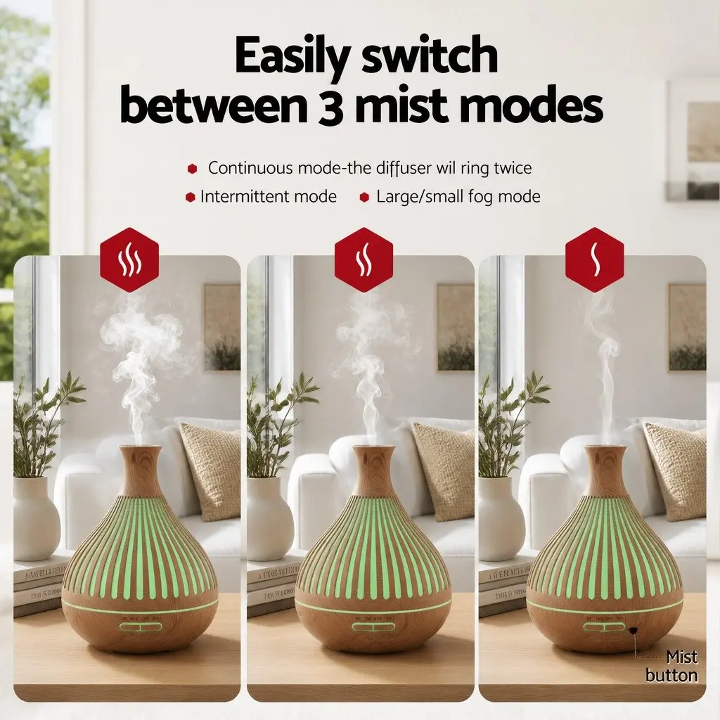 Aroma Diffuser Light Wood Grain 400ml Ultrasonic 7 Colour LED Night Light Quiet Operation