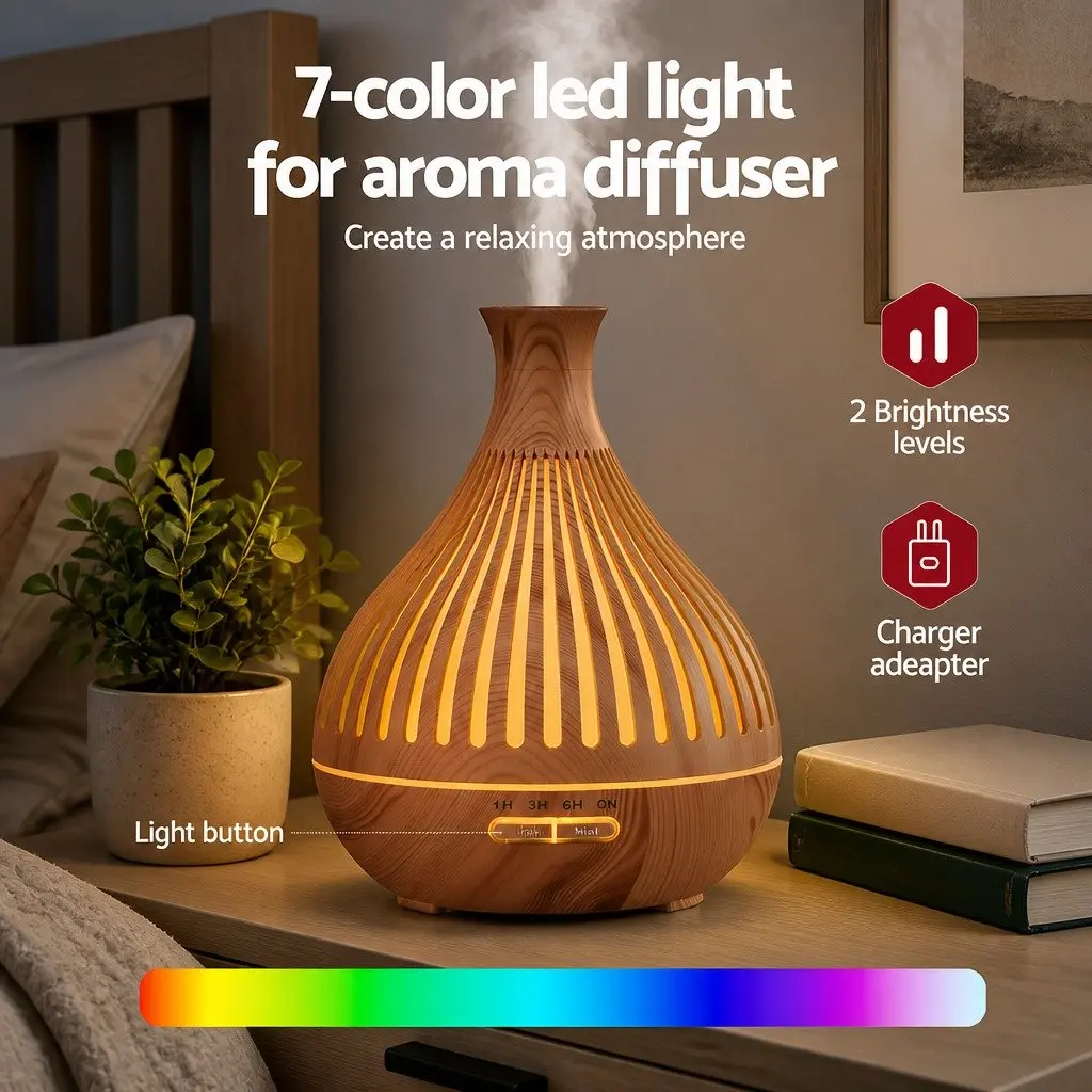 Aroma Diffuser Light Wood Grain 400ml Ultrasonic 7 Colour LED Night Light Quiet Operation