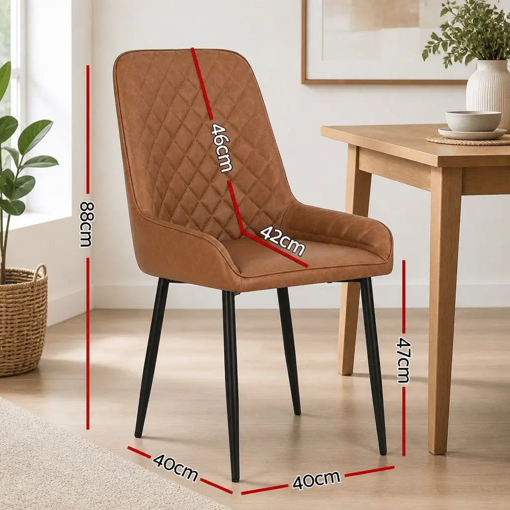 Dining Chairs Brown Retro PU Leather Ergonomic Curved Support Padded Seat Set of 2
