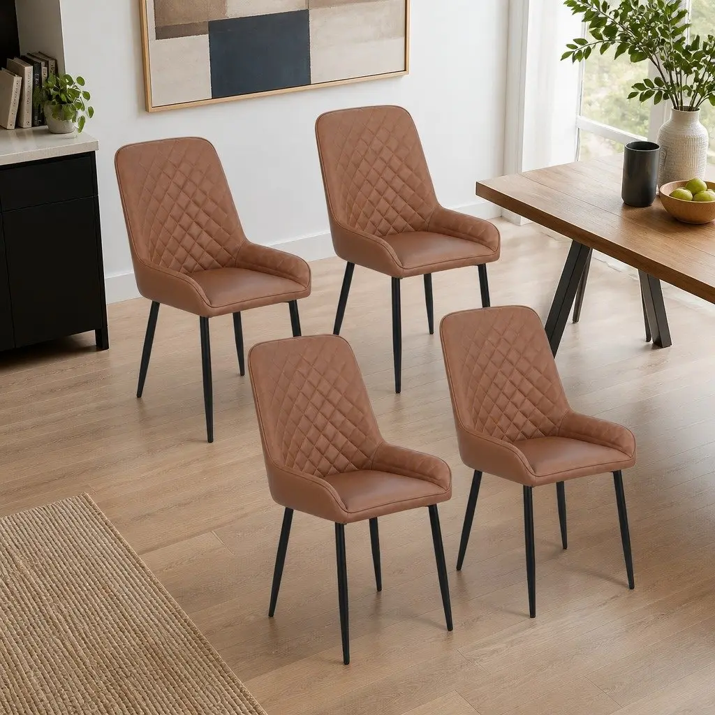 Dining Chairs Brown 4 Piece Retro PU Leather Ergonomic Curved Backrest Padded Seat Metal Legs