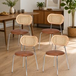 Concise Set of 4 Dining Chairs with Rattan Backrest