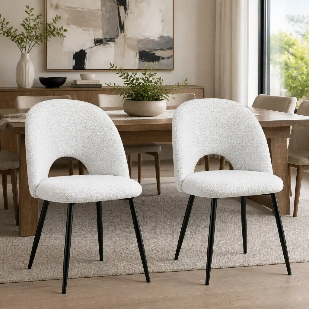 Set of 2 Dining Chairs White Curved Backrest Ergonomic Sherpa Upholstery Kitchen Accent