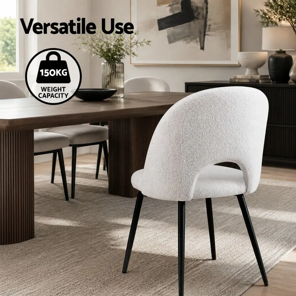 Set of 2 Dining Chairs White Curved Backrest Ergonomic Sherpa Upholstery Kitchen Accent