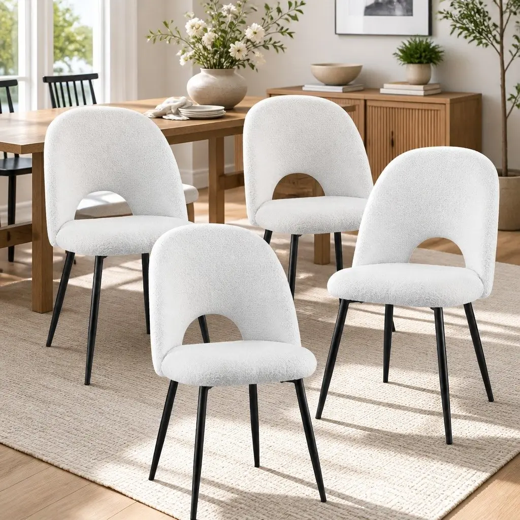 Dining Chair Set 4 White Boucle Sherpa Fabric Curved Backrest