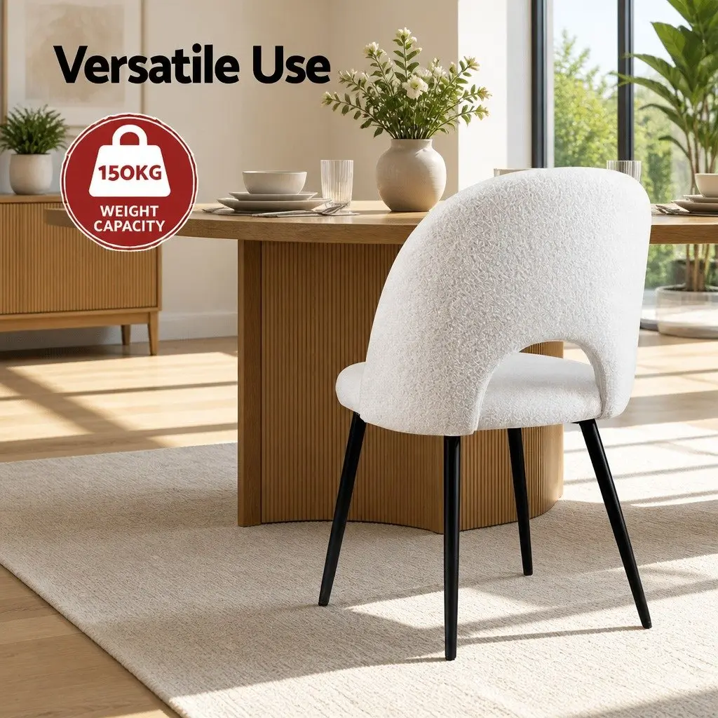 Dining Chair Set 4 White Boucle Sherpa Fabric Curved Backrest
