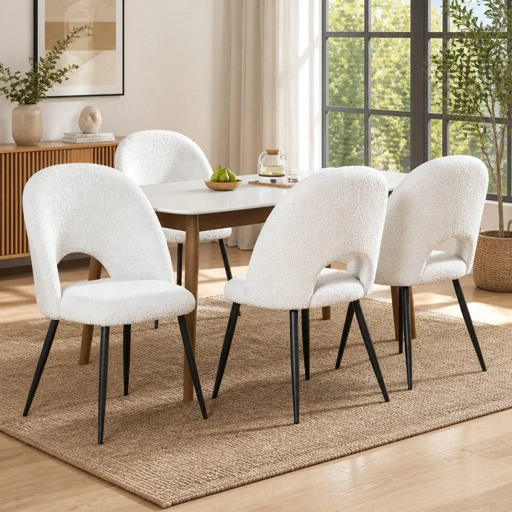 Dining Chair Set 4 White Boucle Sherpa Fabric Curved Backrest