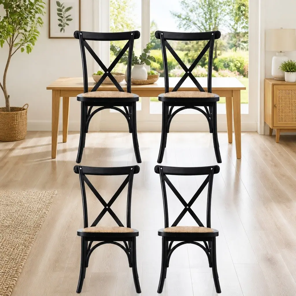 Dining Chairs Black 4 Piece Rattan Seat Wooden Frame Ergonomic Curved Backrest
