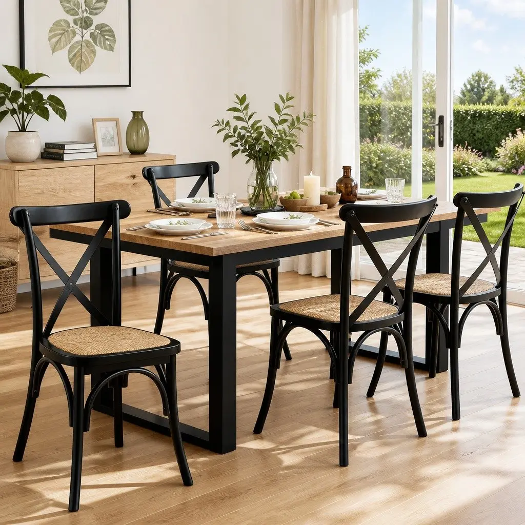 Dining Chairs Black 4 Piece Rattan Seat Wooden Frame Ergonomic Curved Backrest