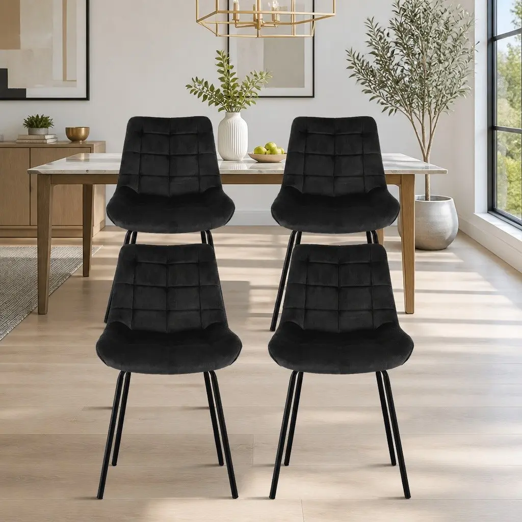 Dining Chairs Black Velvet Set of 4 Ergonomic Curved Backrest Padded Seat
