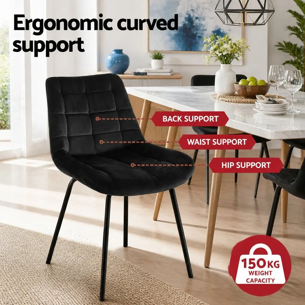 Dining Chairs Black Velvet Set of 4 Ergonomic Curved Backrest Padded Seat