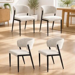 4 Beige Linen Upholstered Dining Chairs with Sturdy Frame