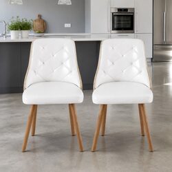 Dining Chairs Set of 2 White PU Leather Diamond Tufted Kitchen Seating Foam