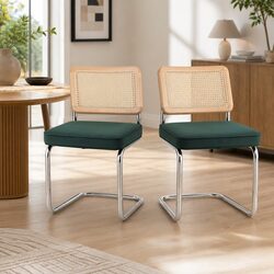 Dining Chairs Set of 2 Green Velvet Rattan Cantilever Modern Kitchen Seating