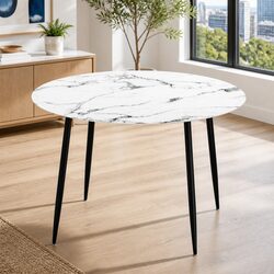 Round Dining Table 110CM White Marble Effect Particle Board Metal Legs