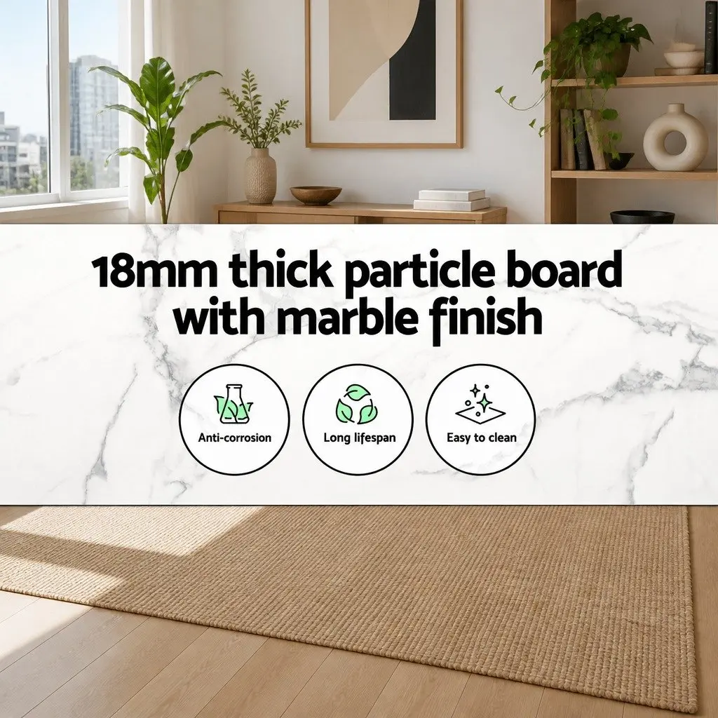 Round Dining Table White 110CM Marble Effect Particle Board Metal Legs