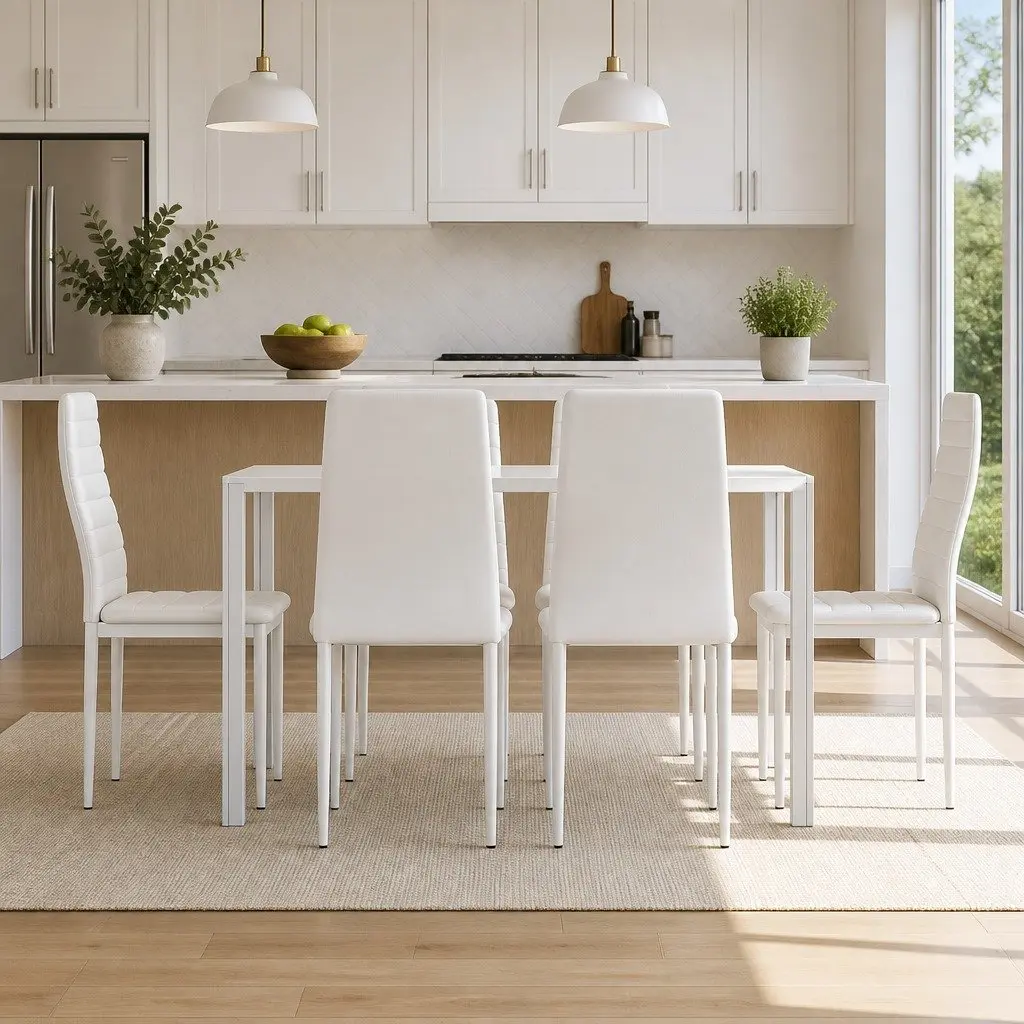 Dining Table and 6 Chairs Set Of 7 White Rectangular Kitchen Dining Room Set