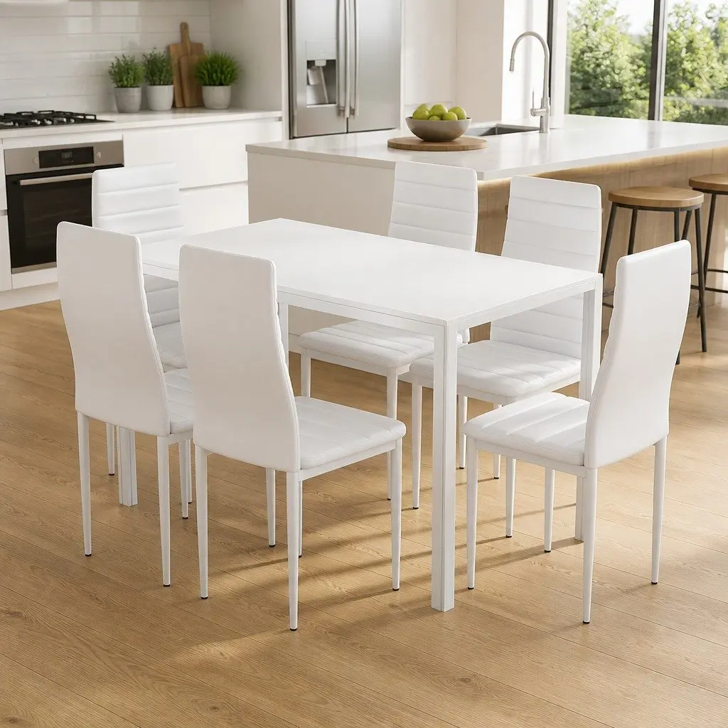 Dining Table and 6 Chairs Set Of 7 White Rectangular Kitchen Dining Room Set