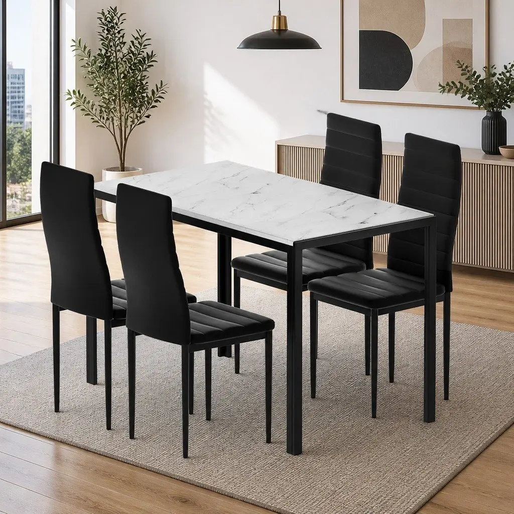 Dining Table and 4 Chairs Set Marble Effect Contemporary Design White Grey