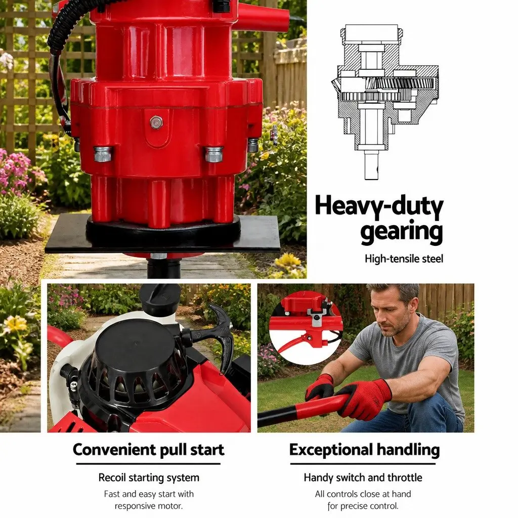 Post Hole Digger 200mm Petrol Auger Drill 63cc Engine Extension Bits Tools