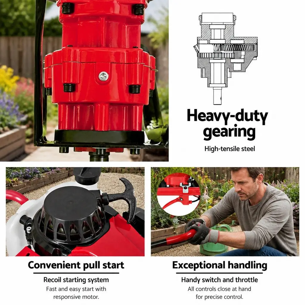 Post Hole Digger Red 63cc 2-Stroke Petrol Engine Auger Extension Kit Outdoor Power