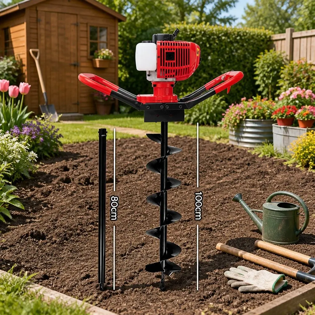 Post Hole Digger Red 200mm Petrol Powered Auger Drill with Extension for One or Two Person Operation