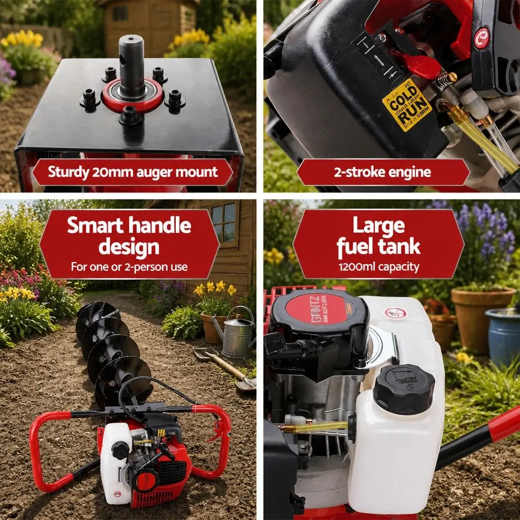 Post Hole Digger Red 200mm Petrol Powered Auger Drill with Extension for One or Two Person Operation