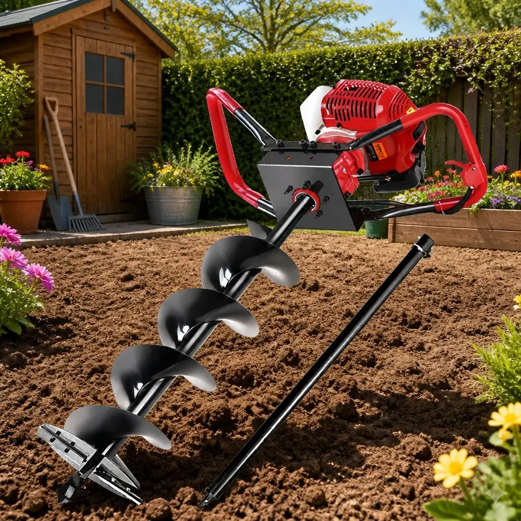 Post Hole Digger Red 200mm Petrol Powered Auger Drill with Extension for One or Two Person Operation