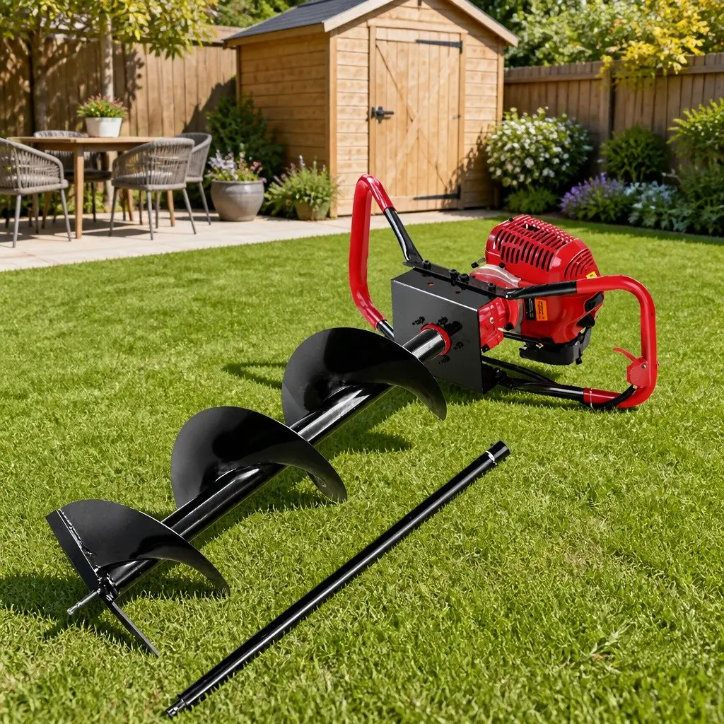 Post Hole Digger Red and Black 300mm Auger 65cc Petrol Engine Heavy Duty Steel Construction