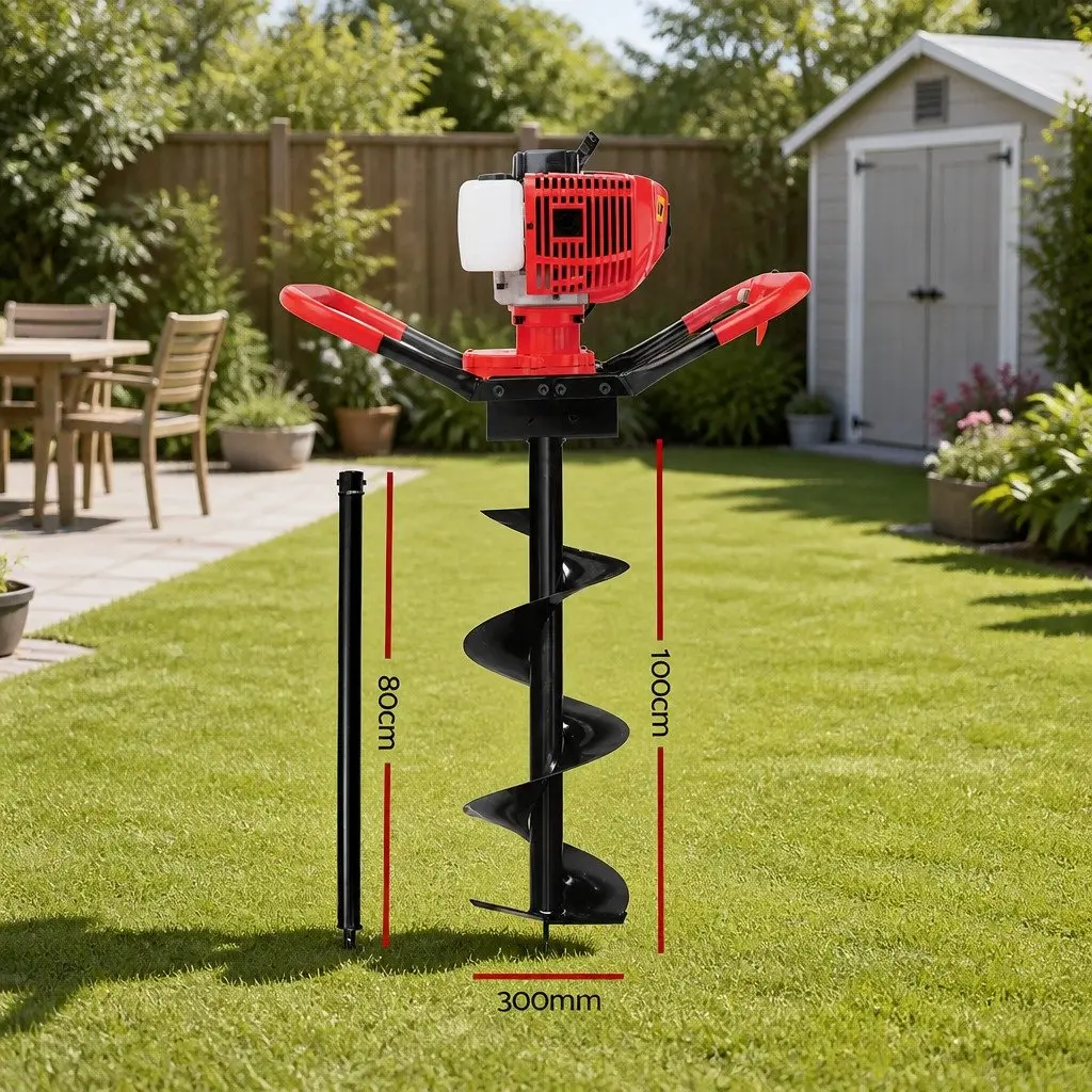 Post Hole Digger Red and Black 300mm Auger 65cc Petrol Engine Heavy Duty Steel Construction