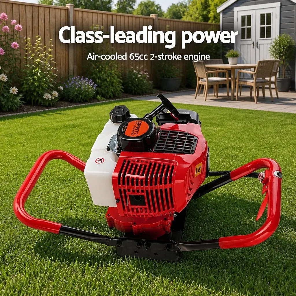 Post Hole Digger Red and Black 300mm Auger 65cc Petrol Engine Heavy Duty Steel Construction