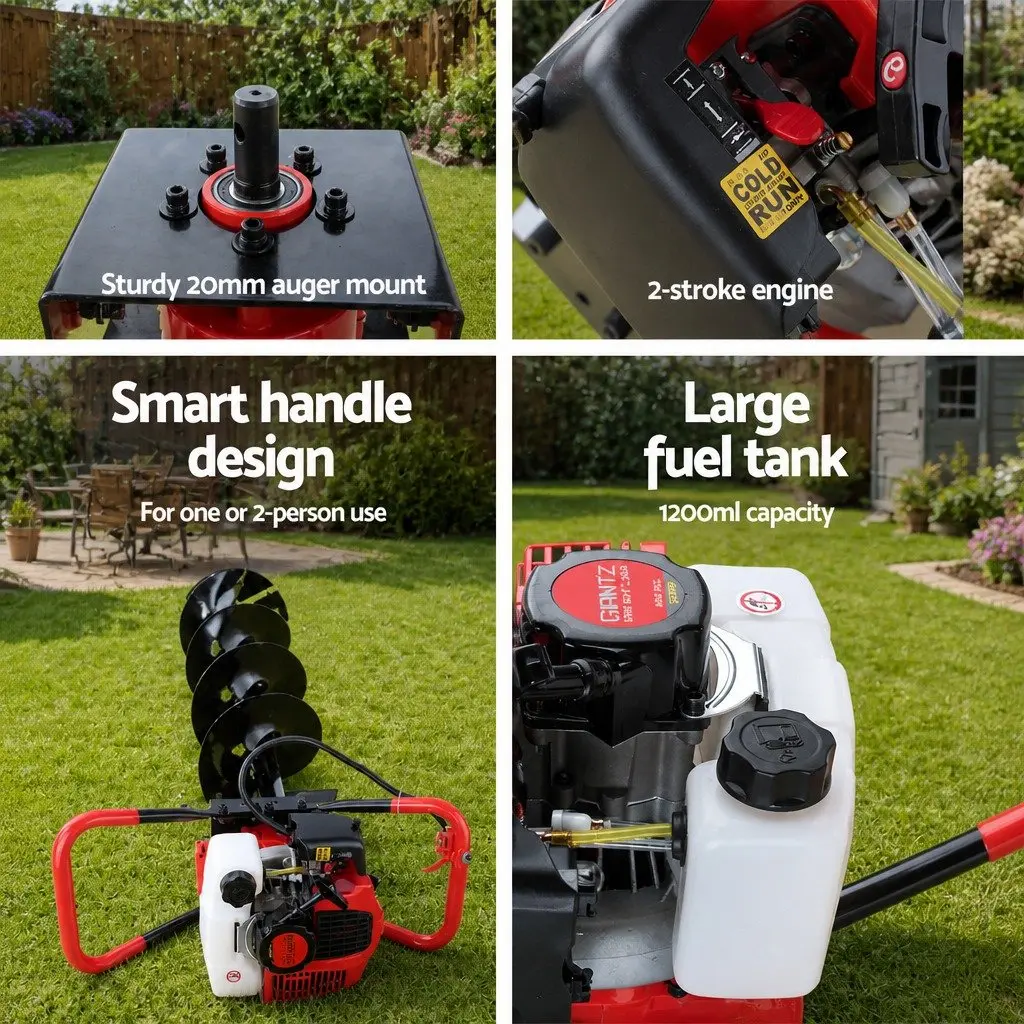 Post Hole Digger Red and Black 300mm Auger 65cc Petrol Engine Heavy Duty Steel Construction
