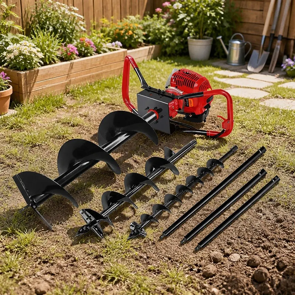 Post Hole Digger Red and Black 65cc 2-Stroke Engine Vertical Gearbox with Three Auger Sizes and Extensions
