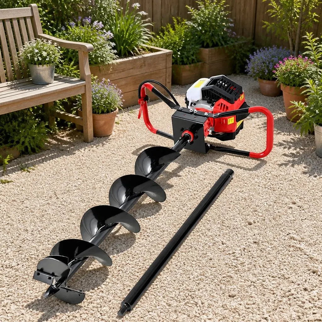 Post Hole Digger Black Red 200mm Heavy-Duty Petrol Auger with 65cc Engine Anti-Vibration Handle and Recoil Start