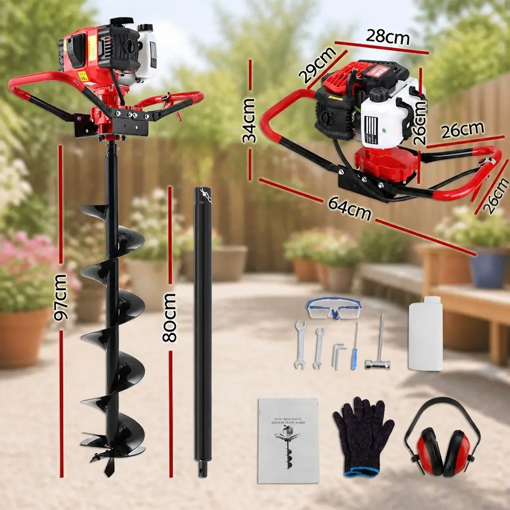 Post Hole Digger Black Red 200mm Heavy-Duty Petrol Auger with 65cc Engine Anti-Vibration Handle and Recoil Start