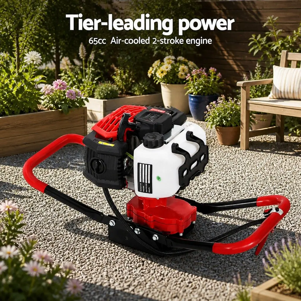 Post Hole Digger Black Red 200mm Heavy-Duty Petrol Auger with 65cc Engine Anti-Vibration Handle and Recoil Start