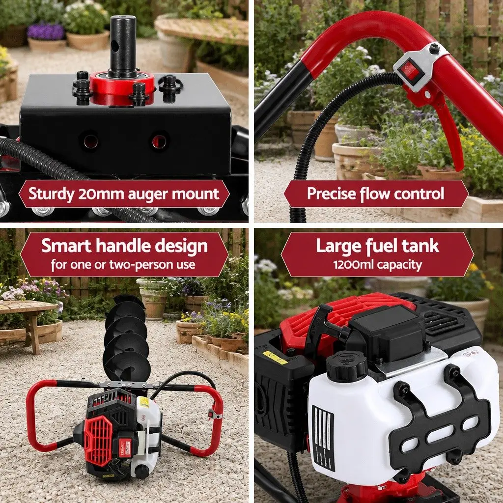 Post Hole Digger Black Red 200mm Heavy-Duty Petrol Auger with 65cc Engine Anti-Vibration Handle and Recoil Start