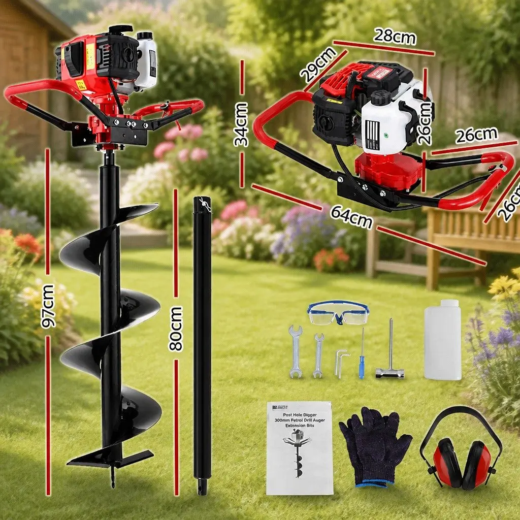 Post Hole Digger Black 300mm Heavy Duty Steel Auger with 65cc Engine and Anti-Vibration Handle