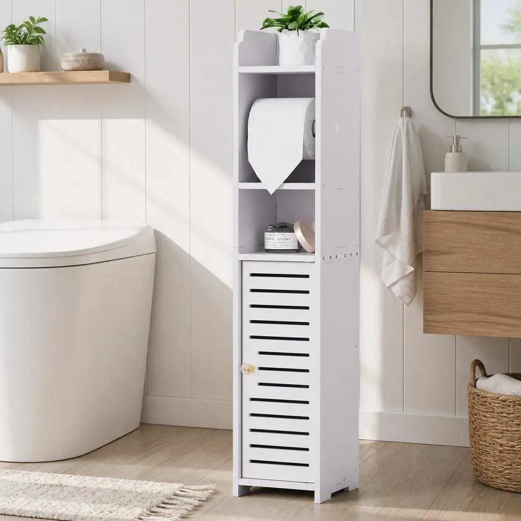 Bathroom Cabinet White 3 Tier Floor Storage Organizer with Toilet Roll Holder and Ventilated Bottom Cabinet