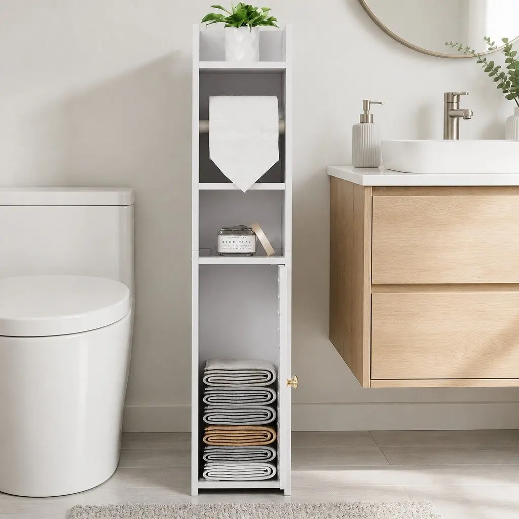 Bathroom Cabinet White 3 Tier Floor Storage Organizer with Toilet Roll Holder and Ventilated Bottom Cabinet