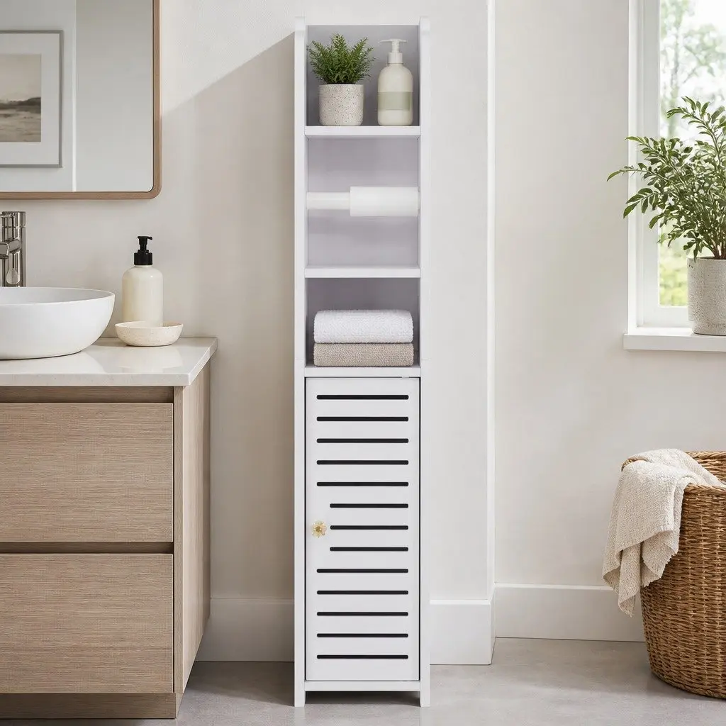 Bathroom Cabinet Toilet Roll Holder Storage 76cm White Cupboard Organiser
